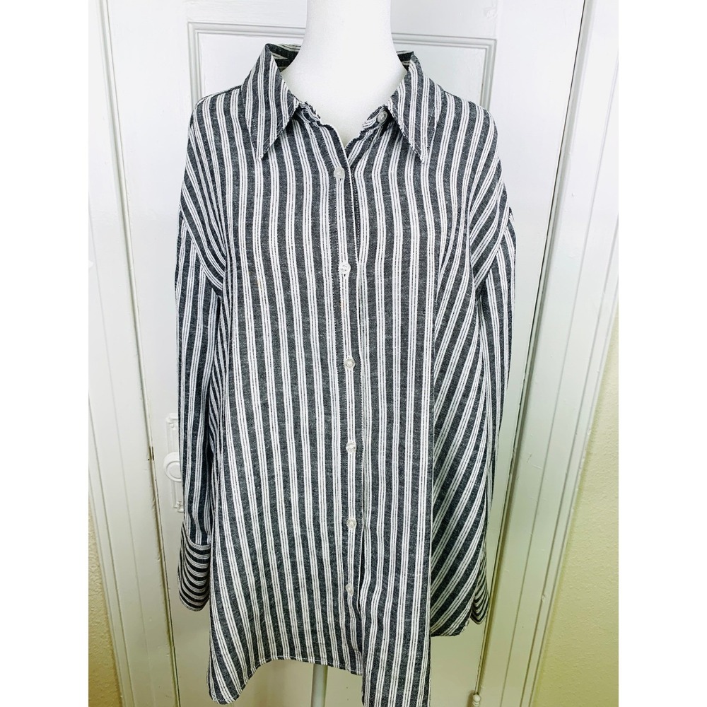Donna Karan Weekend Striped Linen-Blend Shirt L Coastal Preppy Travel Breathable - Picture 13 of 16